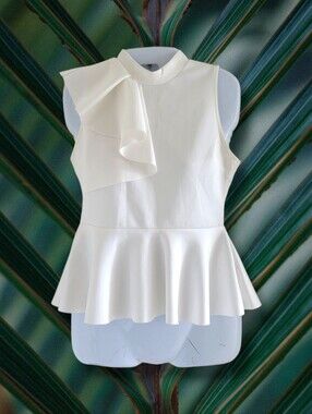 Cute White Sleeveless Peplum Top w/ Big Asymmertic Ruffle Detail